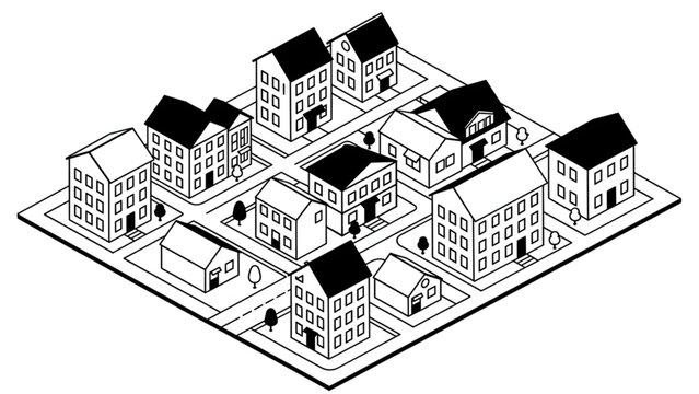 black and white isometric cityscape with multiple buildings and streets layout