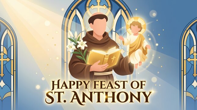 St anthony of padua feast day illustration with lily, book, and baby jesus in a stained glass church window background