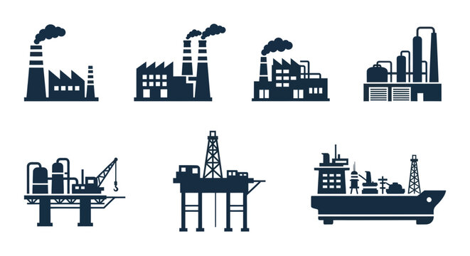 Industrial Factory and Oil Rig Icons Set