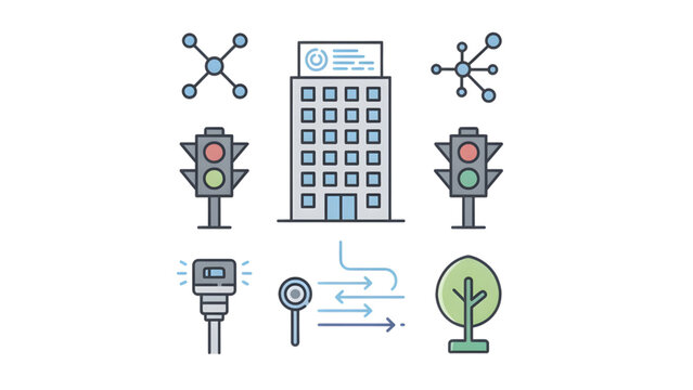 blue and gray office building with traffic lights parking meter and green tree icons