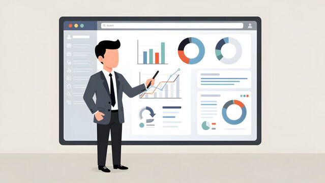 businessman pointing at colorful charts and graphs on large interactive display screen