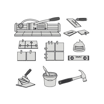 Collection of tools and materials for tiling and construction work, presented in a clean vector illustration style.