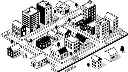 Naklejka premium black and white isometric urban neighborhood with houses and office buildings on grid streets