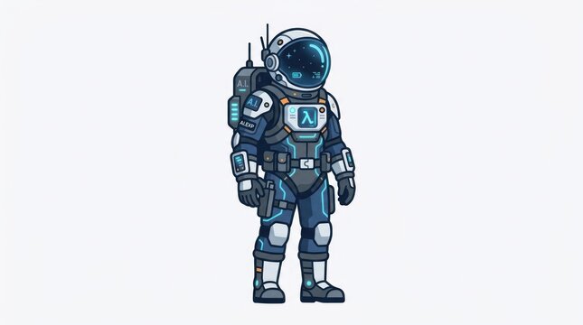Futuristic Astronaut in Blue Spacesuit Standing Pose Illustration.