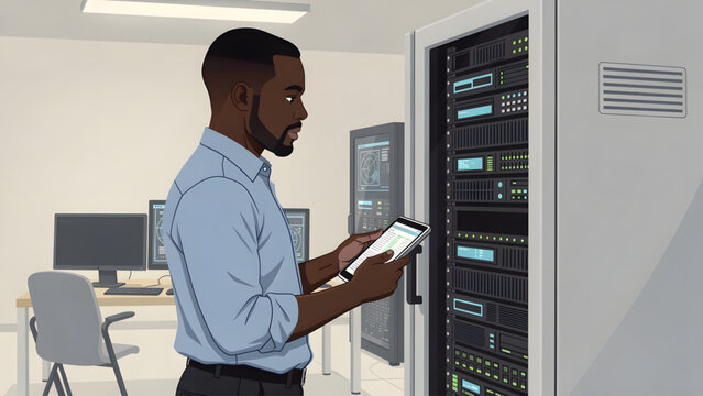 it technician managing black server rack with digital tablet in modern office