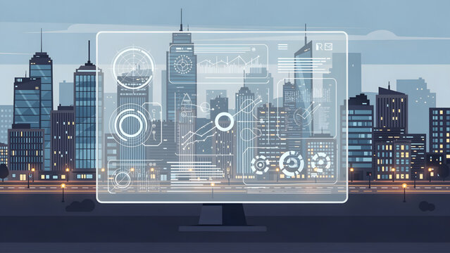 futuristic city skyline with digital screen overlay blue gray buildings technology