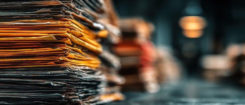 A thick stack of aged, worn paper documents creating an abstract textured background