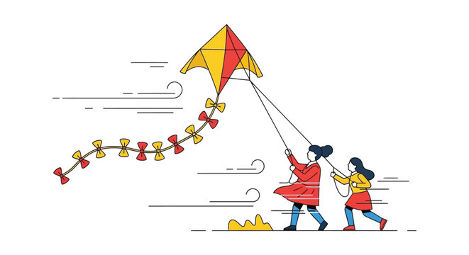 Kite flying, children playing, colorful vector illustration, kids outdoor activities