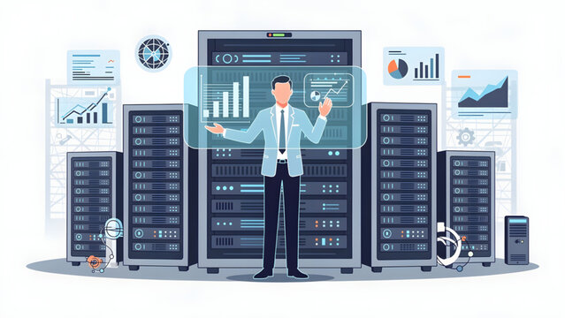 it specialist analyzing data charts and graphs in server room environment