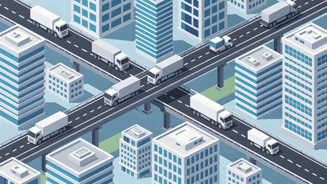 isometric cityscape with white trucks on intersecting elevated roads in blue urban area