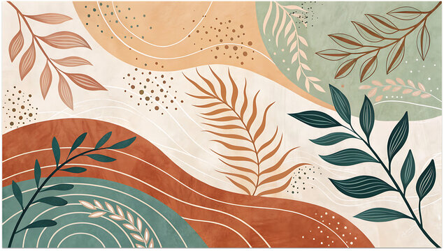 Abstract contemporary background set with organic forms in earthy colors. Creative design in terracotta, beige, sage green, sienna shades. Modern gouache texture collection with paint brush strokes.