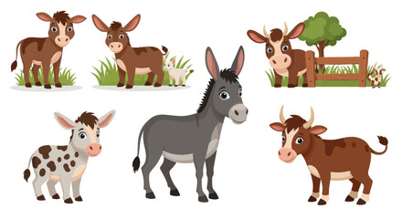 Fototapeta premium Cute Farm Animals Collection: Cows, Donkeys, and Calves