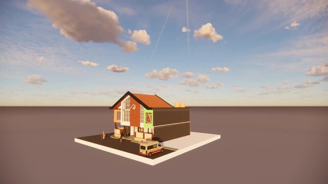 A small 3D house with a red roof floats on a white square platform against a blue sky with clouds.