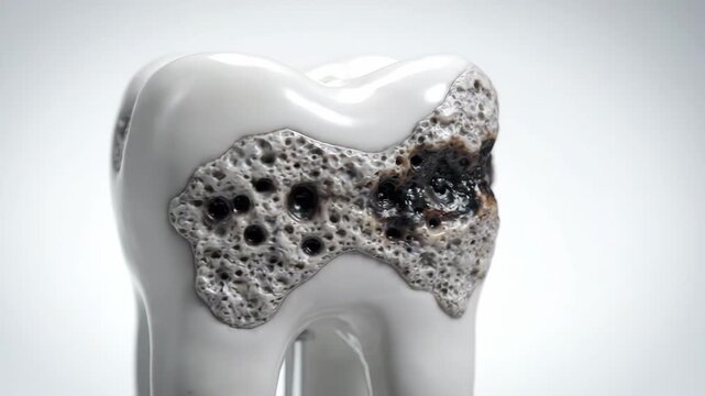Decaying Tooth: A detailed close-up of a human tooth exhibiting severe decay, with visible cavities and blackening, highlighting the impact of dental problems.