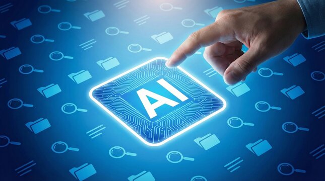 Hand finger touch digital AI or artificial intelligence microchip icon for data processing system technology machine learning information innovation document search analysis concept.