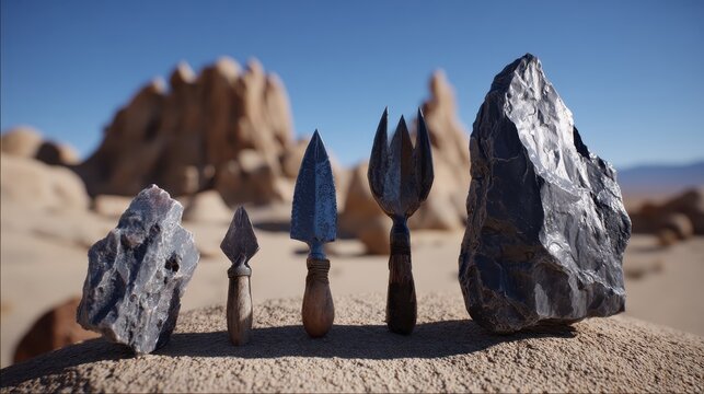 A Collection of Ancient Flint Knapped Tools Displayed Outdoors on Sandy Ground Against a Desert Landscape
