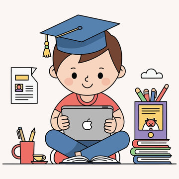 Little boy wearing graduation hat using digital tablet for remote online learning at home.
