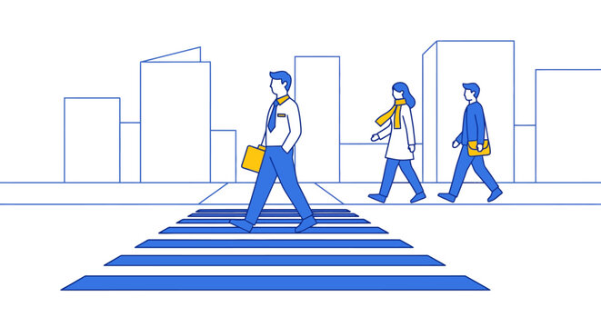 People walking across a crosswalk in a city with buildings in the background