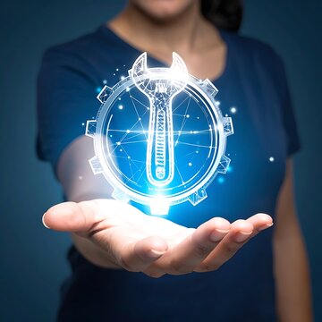 Woman holding glowing digital thermometer.