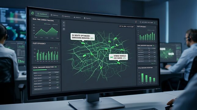 Two people analyzing data on a large computer monitor displaying a green network map and various charts in a dimly lit office.