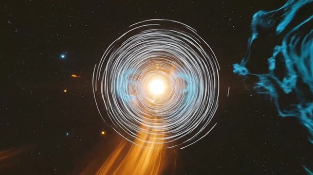 Abstract cosmic collision of orange fire and blue spiral energy forces