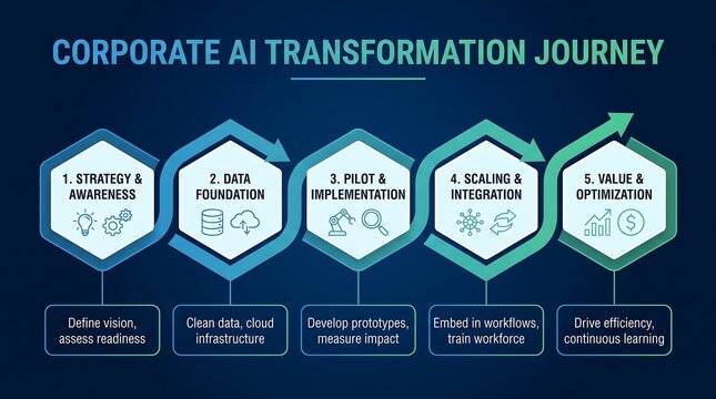 A modern hexagonal-style business infographic showing the stages of AI implementation, including readiness, foundation, pilot, expansion, and scaling, with detailed icons and descriptive text boxes