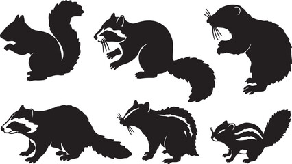Fototapeta premium Various animal silhouettes including skunks, raccoons, and squirrels are gathered.
