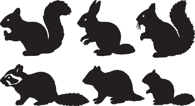 Six black silhouettes of squirrels and one rabbit eating or standing on white background in 14.eps