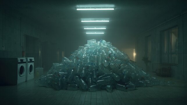 Massive pile of empty detergent bottles in a grimy industrial laundry room, awaiting processing