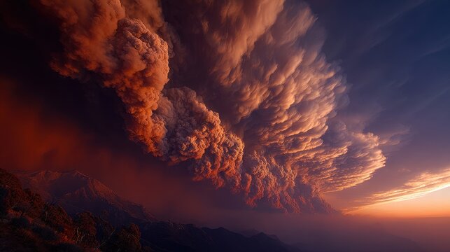 Massive volcanic ash cloud erupts dramatically into the twilight sky