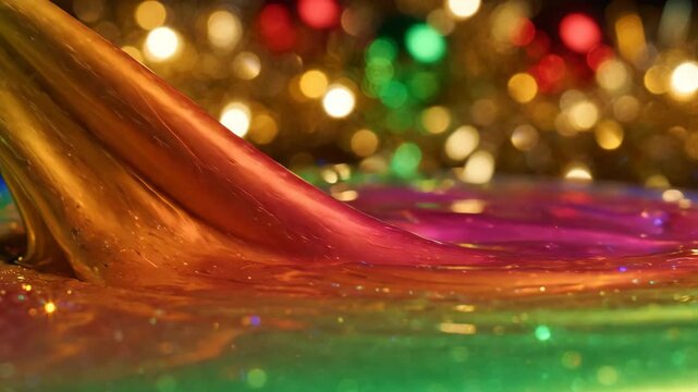 Iridescent Slime Swirls: A mesmerizing close-up captures the flowing, iridescent texture of multi-colored slime, shimmering with glitter against a bokeh background of festive holiday lights.