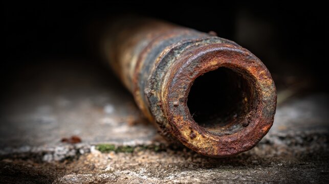 A heavily rusted metal pipe protruding from damp earth, showcasing industrial decay and neglect.
