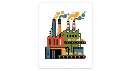 Naklejka premium Industrial factory with smoke stacks and conveyor belt illustration.