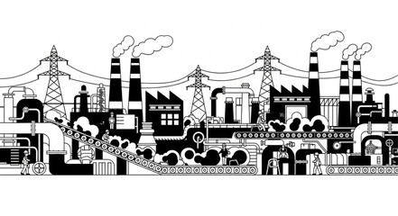 Obraz premium Industrial factory landscape with smoke stacks and power lines.