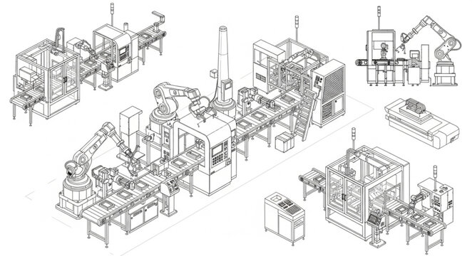 Industrial factory machinery assembly line schematic drawing.