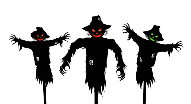 Spooky Halloween Scarecrows with Glowing Eyes on White Background