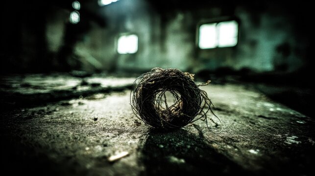 A Tangled Ball of Metallic Wire with Frayed Ends Lies on a Gritty Surface in an Abandoned Industrial Space