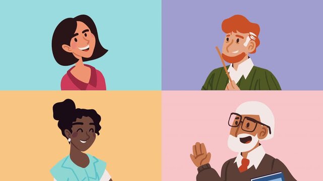Animation of diverse group of teachers and educators in colorful grid layout with motion graphics.