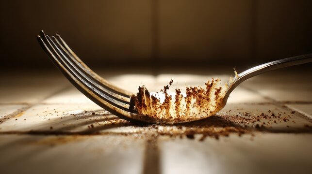 Bent Discolored Fork With Dried Food Residue Lying Beside a Smear on a Surface