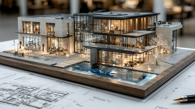 Architect workshop with detailed house replica blending digital schematics and hands-on craftsmanship professional design model architectural project urban planning and interior-exterior visualization