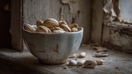 Fototapeta premium Cracked Ceramic Bowl Overflowing With Dried Peanuts on a Rustic Wooden Surface