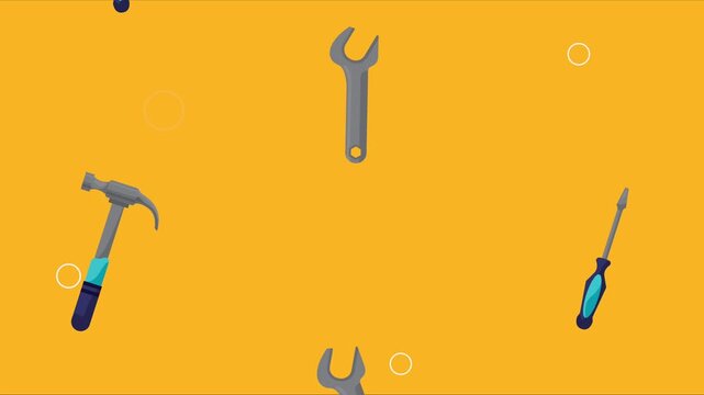Animated tools falling and rotating on yellow background representing repair and construction concepts.