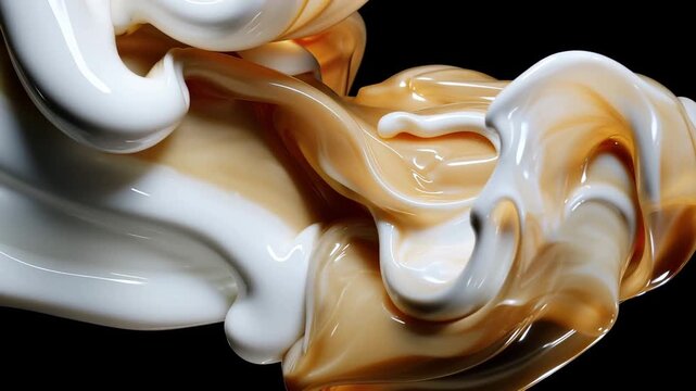 Swirling mixture of white and caramel colored liquid on black background