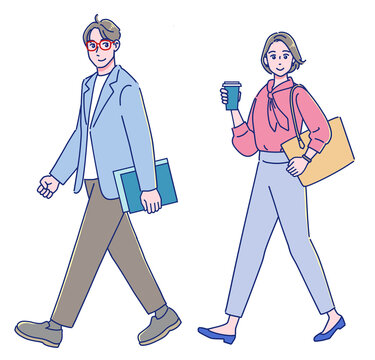 歩いている若い社会人の男女