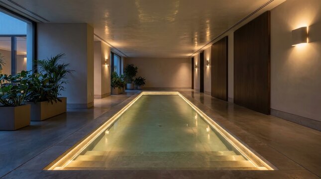 Elegant indoor swimming pool illuminated by recessed LED strip lighting along its submerged edges, creating a tranquil and luxurious ambiance.