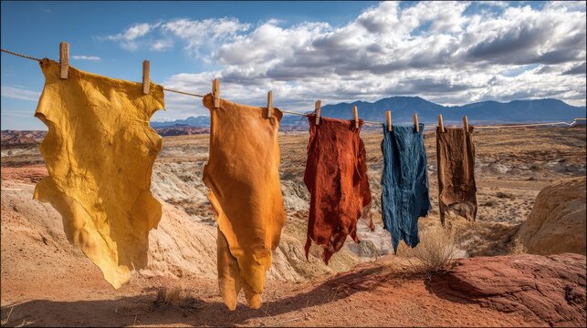 Naturally Dyed Animal Hides Drying Outdoors in a Desert Landscape Under a Cloudy Sky