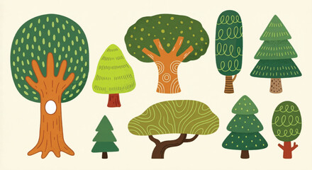 Hand drawn stylized forest trees collection, flat vector set of 9 organic green plant icons, whimsical nature elements for children's illustration © Muhammad