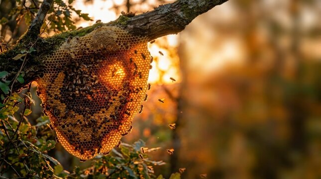 Wild honeycomb hive hanging on tree, flowers background in Spring