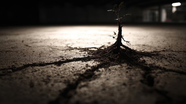 Resilient Weed Roots Breaking Through Cracked Ground, Symbolizing Tenacity and Survival