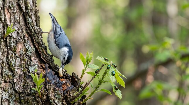 White-breasted nuthatch pulling a caterpillar in spring: birds and little insects. It's a very fresh morning condition in spring, decorated by green plants around.